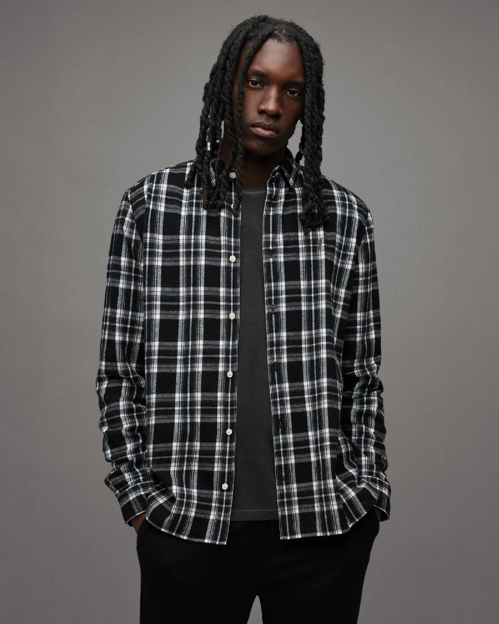 All Saints Leulus Relaxed Fit Checked Flannel Shirt Black