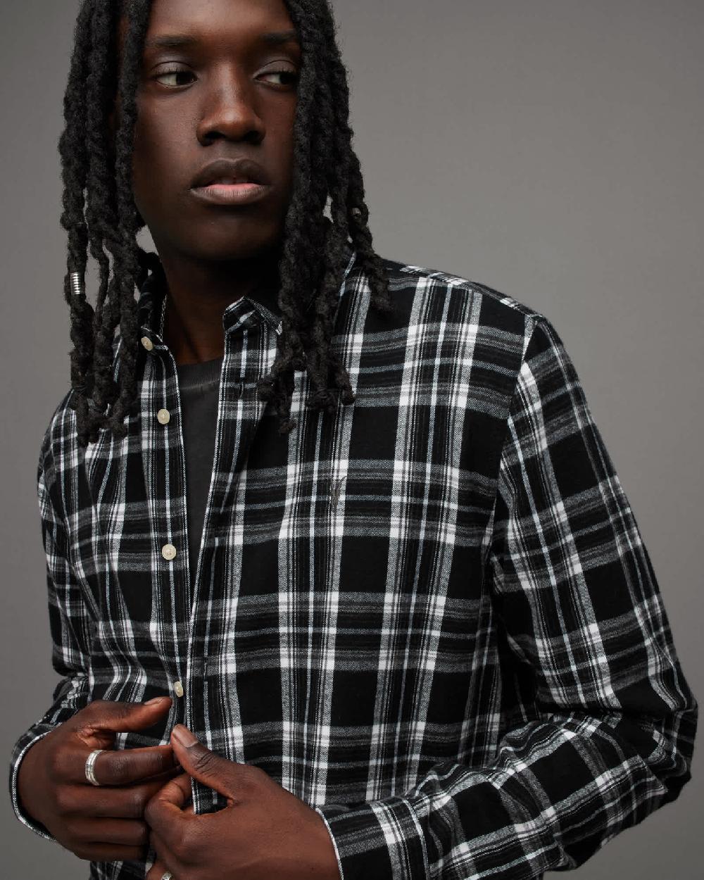 All Saints Leulus Relaxed Fit Checked Flannel Shirt Black