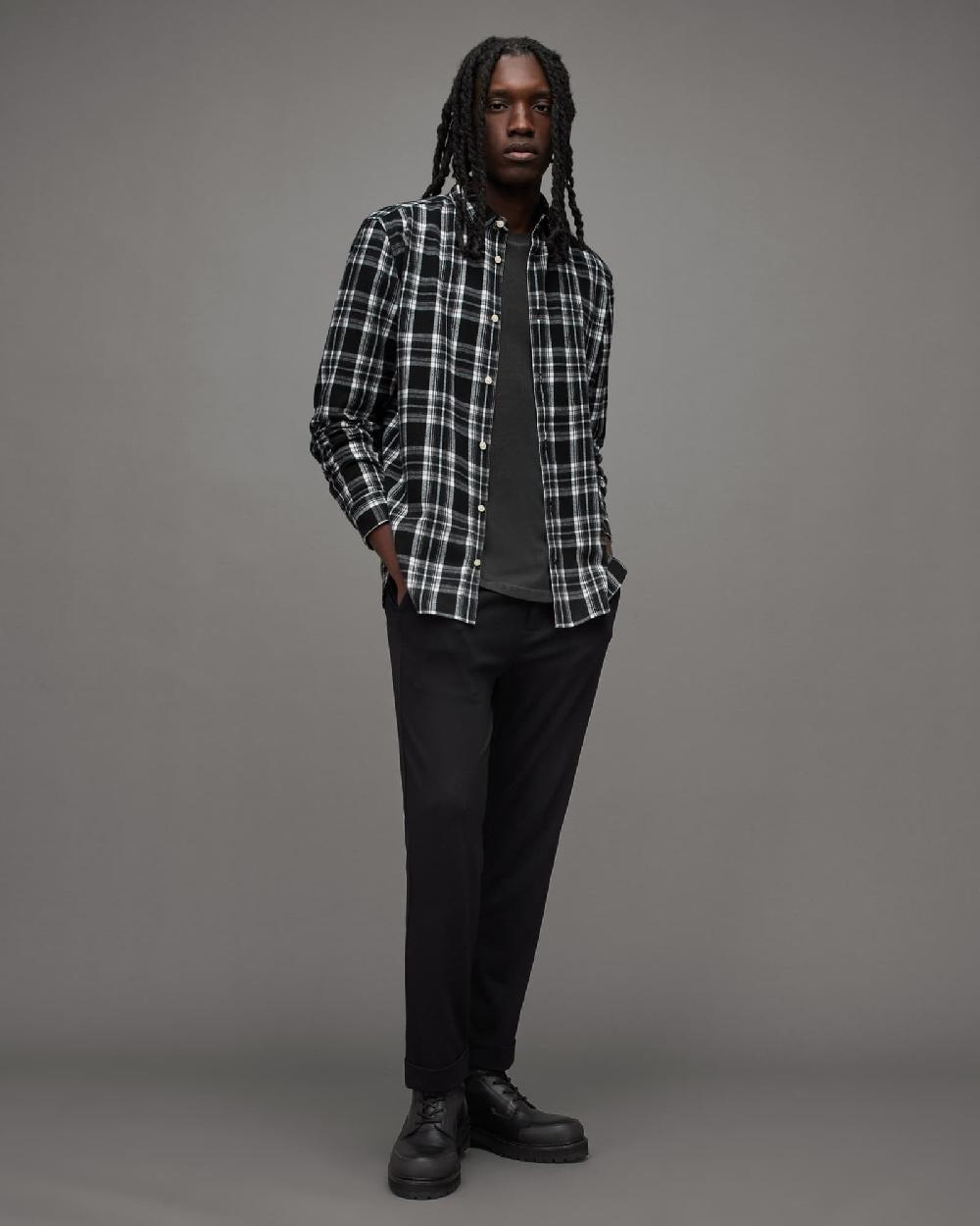 All Saints Leulus Relaxed Fit Checked Flannel Shirt Black
