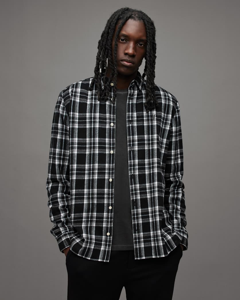 all saints Leulus Relaxed Fit Checked Flannel Shirt Black