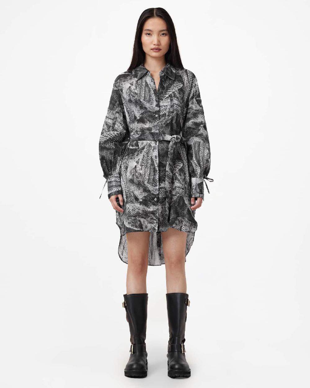 All Saints Leyla Silk Linen Blend Shirt Dress EVOLVE SLATE GREY