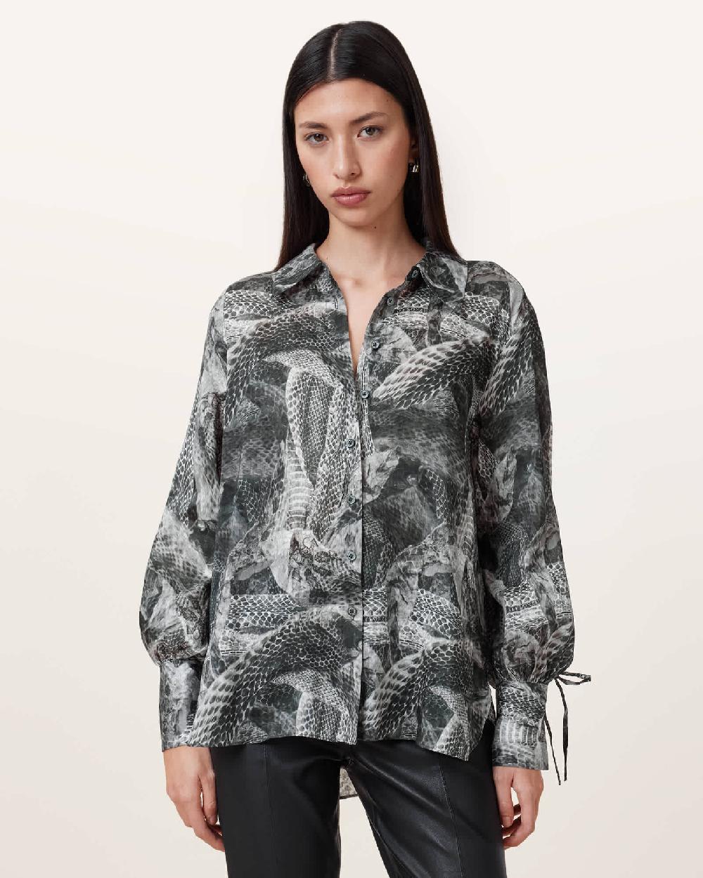 All Saints Leyla Silk Linen Blend Shirt EVOLVE SLATE GREY