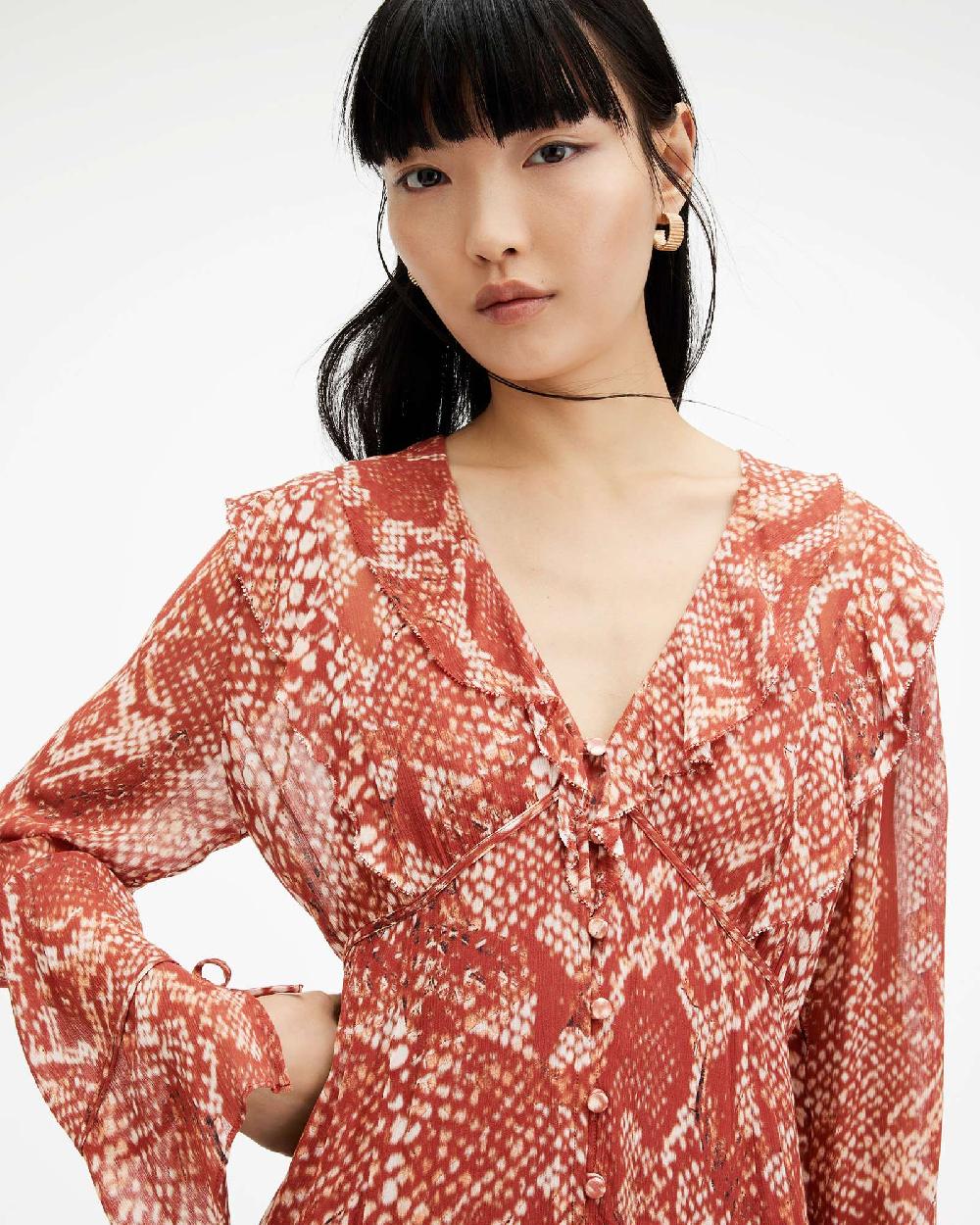 All Saints Liana Waimea Print V-Neck Maxi Dress Red Clay