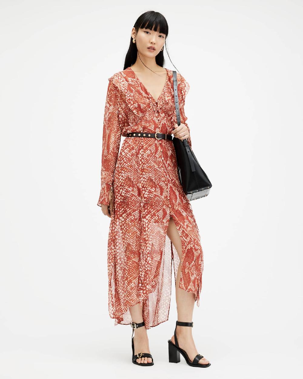 All Saints Liana Waimea Print V-Neck Maxi Dress Red Clay