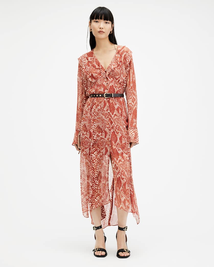 All Saints Liana Waimea Print V-Neck Maxi Dress Red Clay