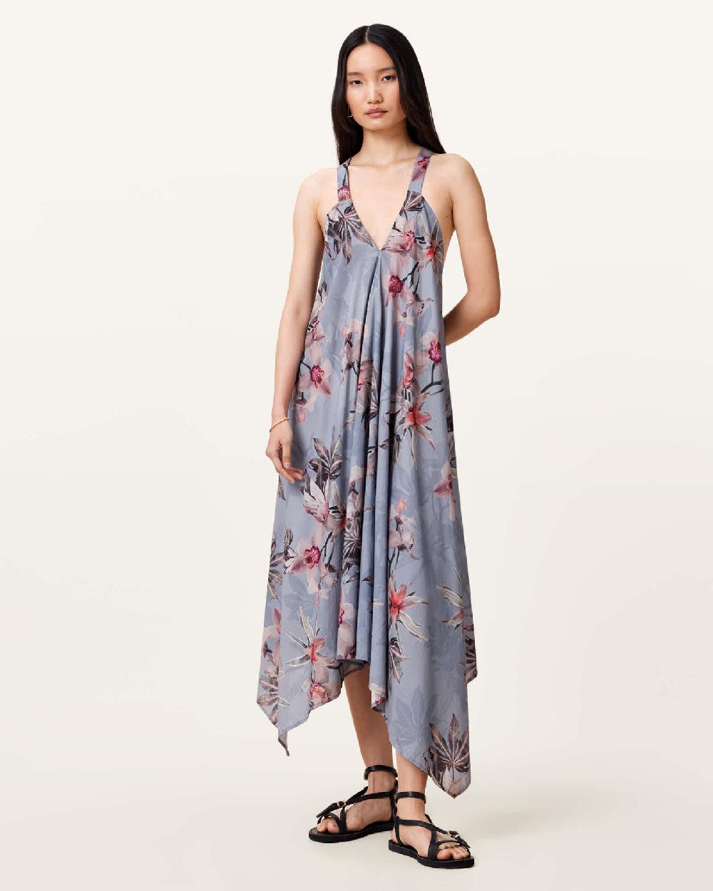 All Saints Lil Asymmetric Floral Print Midi Dress Adena Dusty Blue