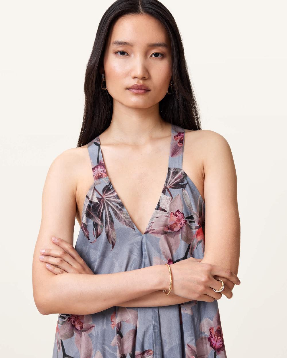 All Saints Lil Asymmetric Floral Print Midi Dress Adena Dusty Blue
