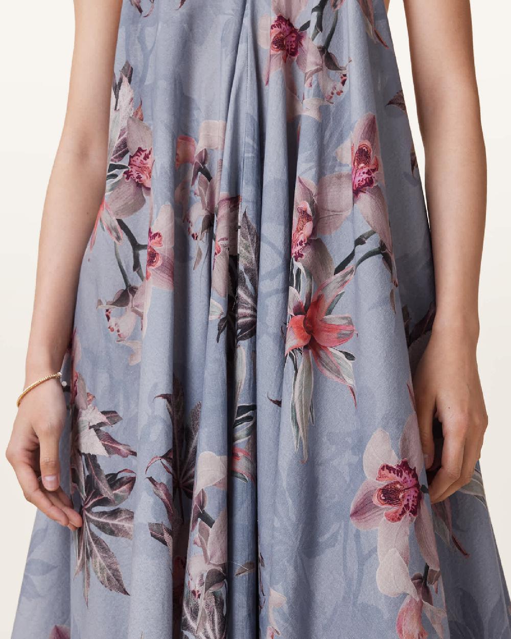 All Saints Lil Asymmetric Floral Print Midi Dress Adena Dusty Blue