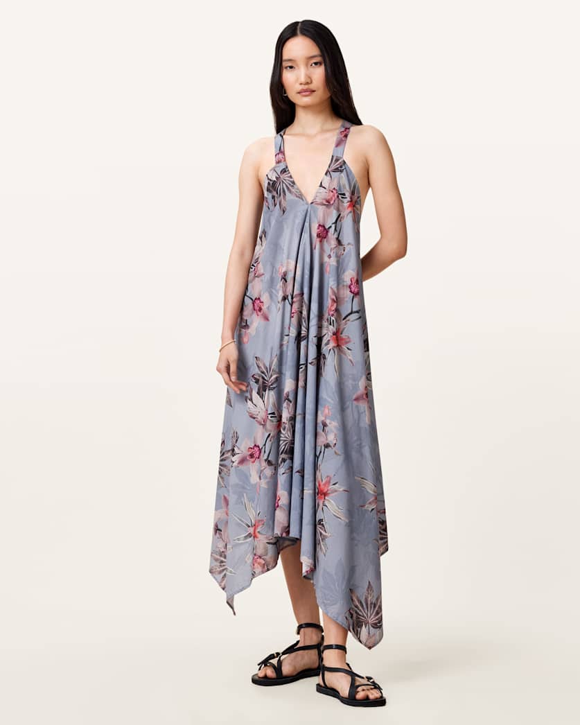 all saints Lil Asymmetric Floral Print Midi Dress Adena Dusty Blue