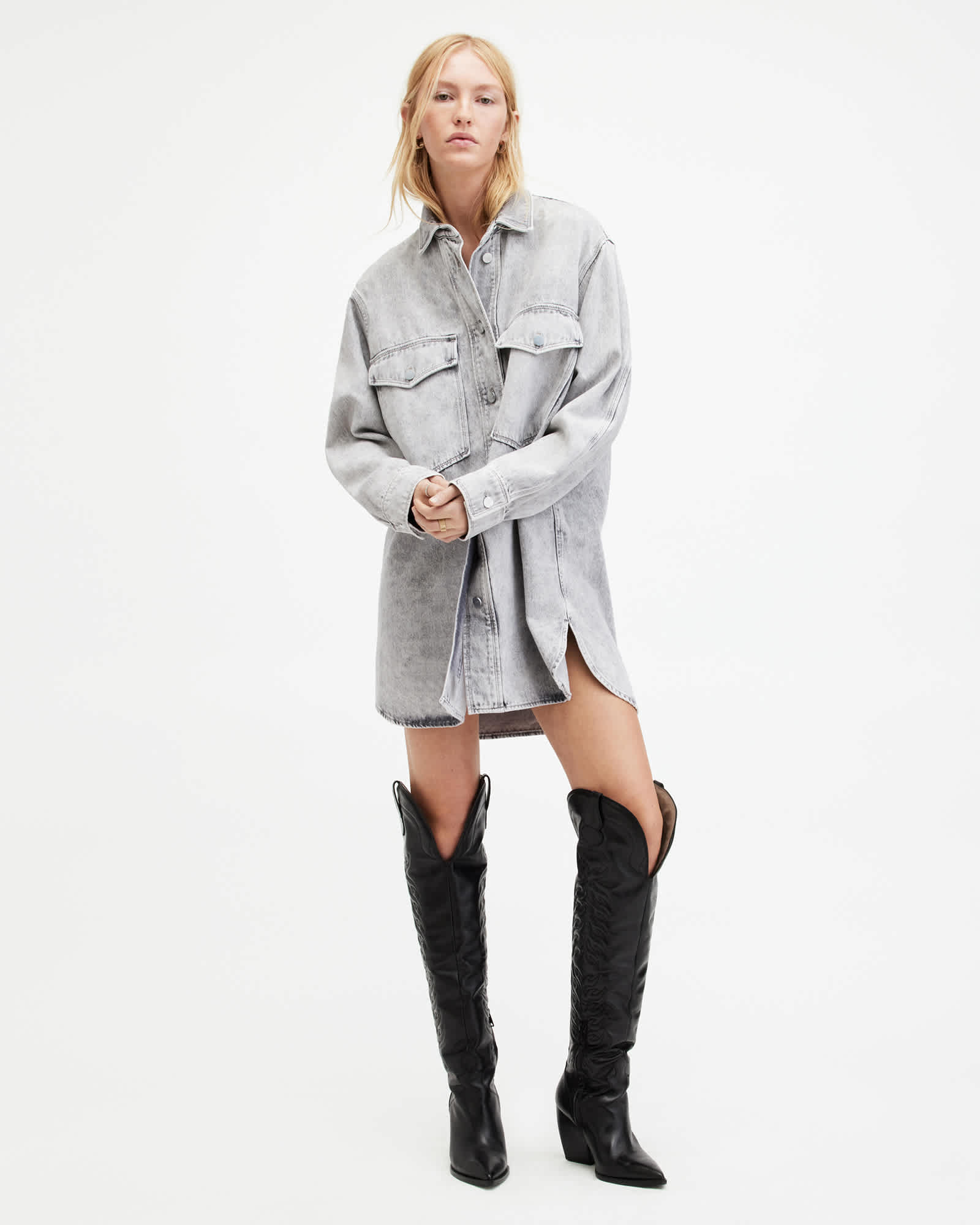 All Saints Lily Oversized Denim Shacket Dress Snow Grey