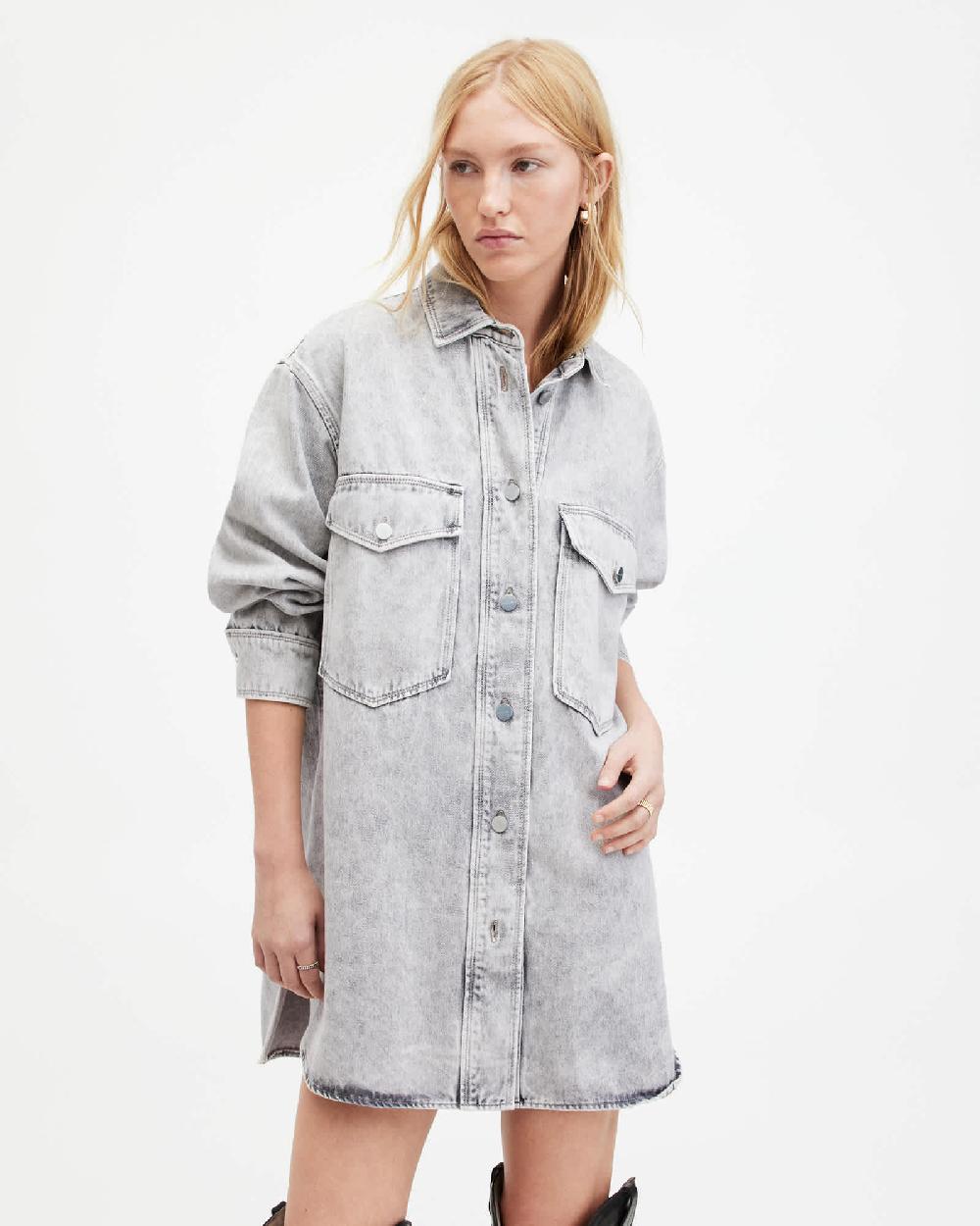 All Saints Lily Oversized Denim Shacket Dress Snow Grey