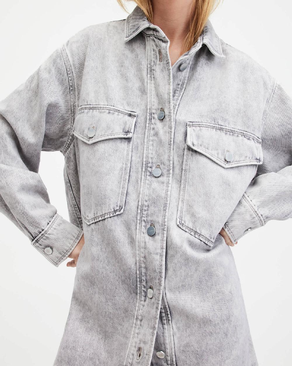 All Saints Lily Oversized Denim Shacket Dress Snow Grey