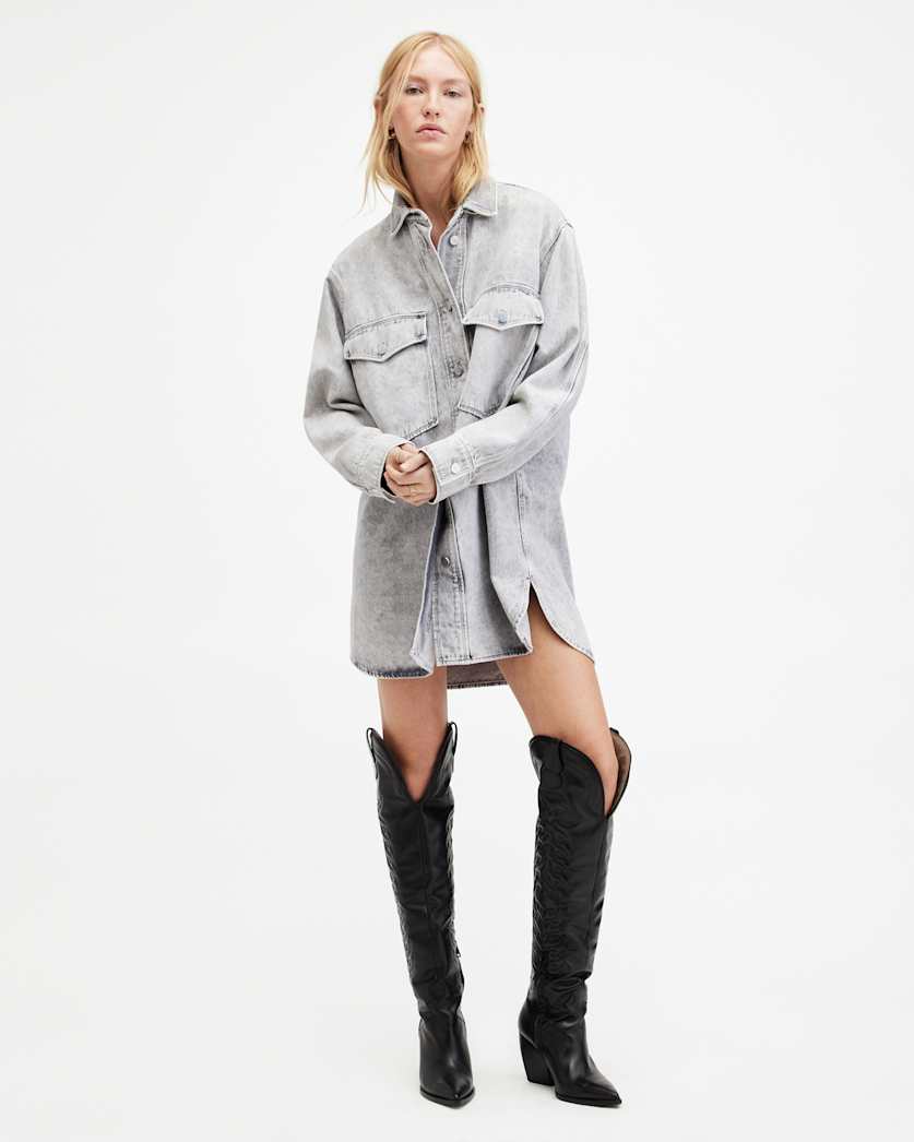 all saints Lily Oversized Denim Shacket Dress Snow Grey