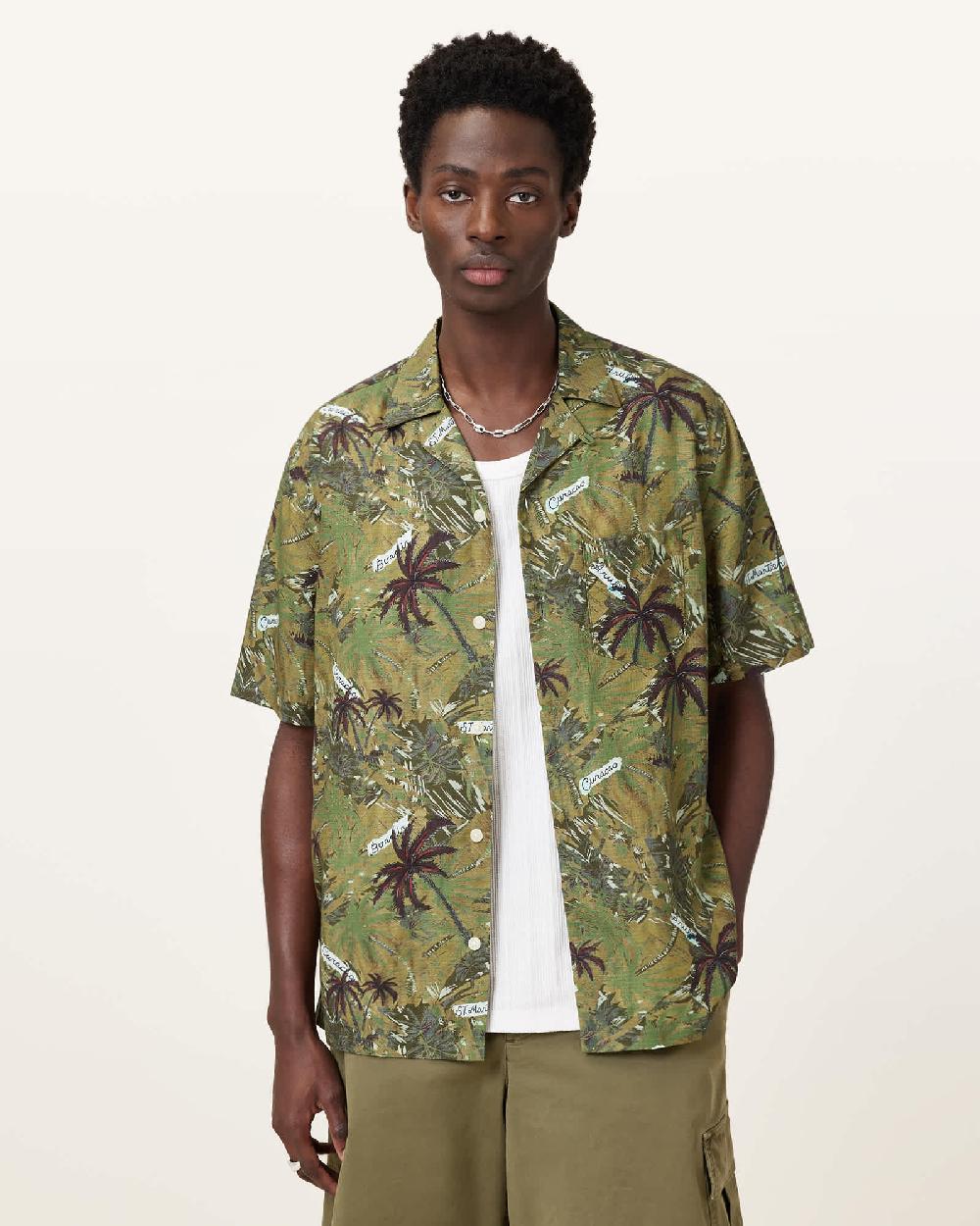 All Saints Liner Printed Relaxed Fit Shirt Barrel Brown