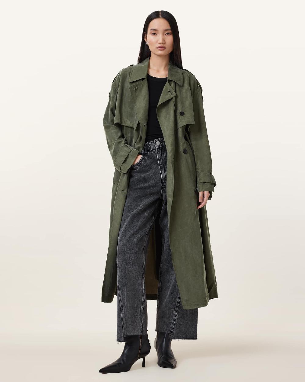 All Saints Linnie Lightweight Trench Coat Grape Leaf Green