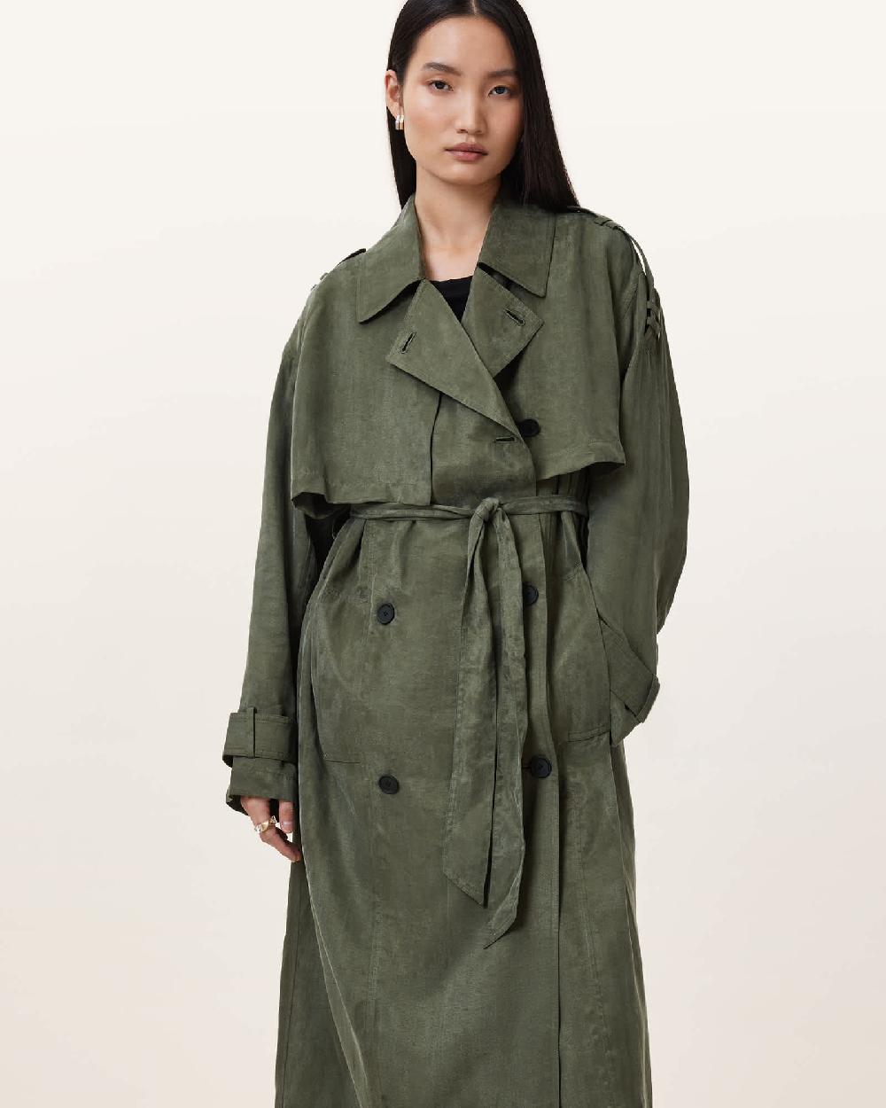 All Saints Linnie Lightweight Trench Coat Grape Leaf Green
