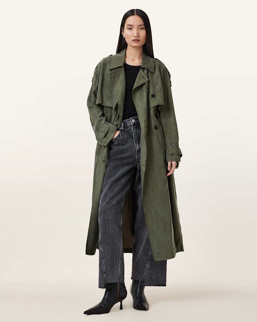 all saints Linnie Lightweight Trench Coat Grape Leaf Green