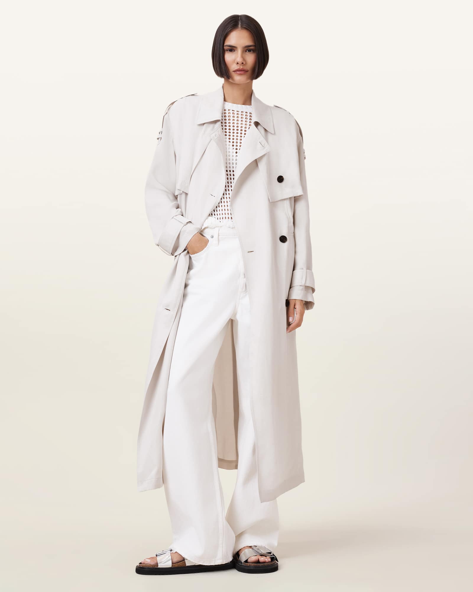 All Saints Linnie Lightweight Trench Coat Stone White