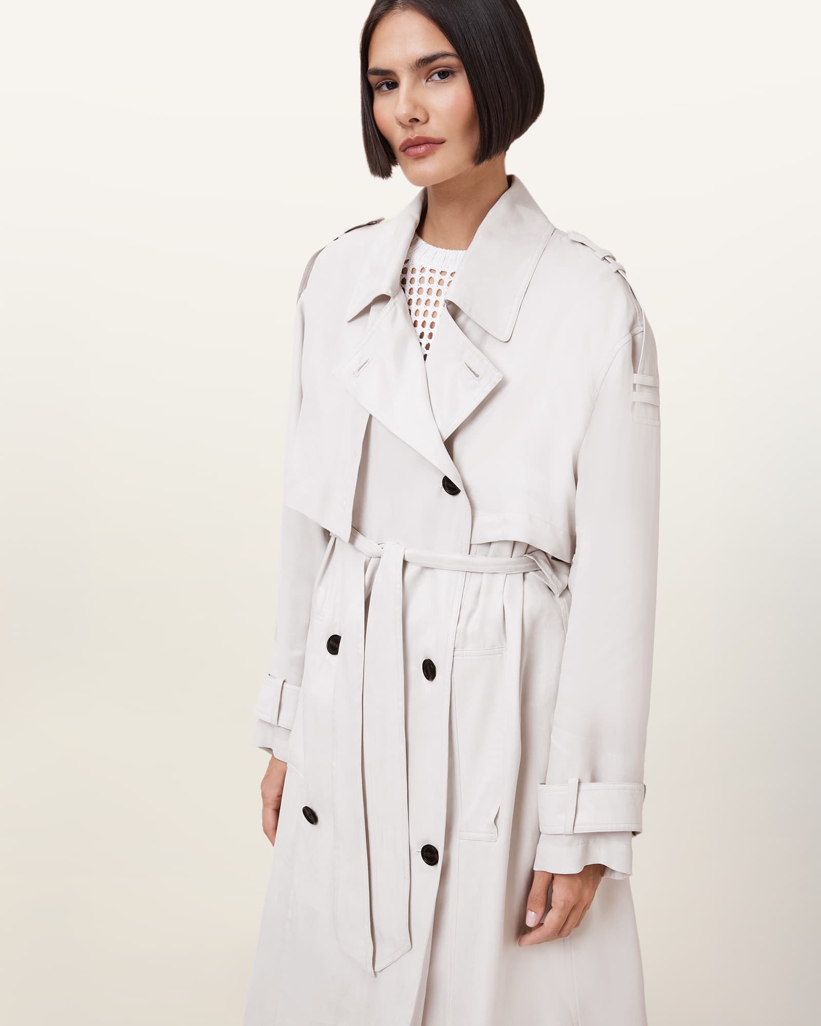All Saints Linnie Lightweight Trench Coat Stone White