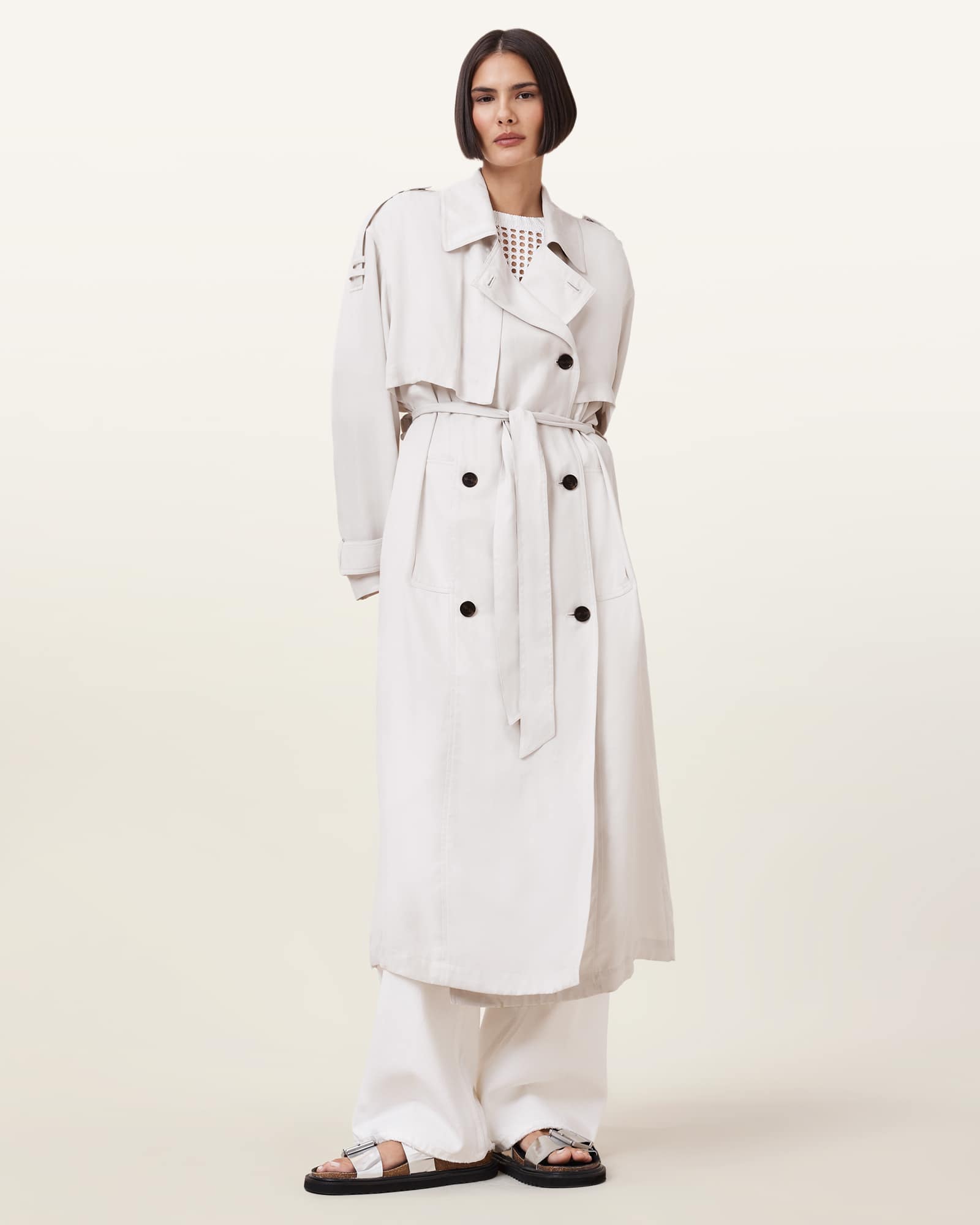 All Saints Linnie Lightweight Trench Coat Stone White
