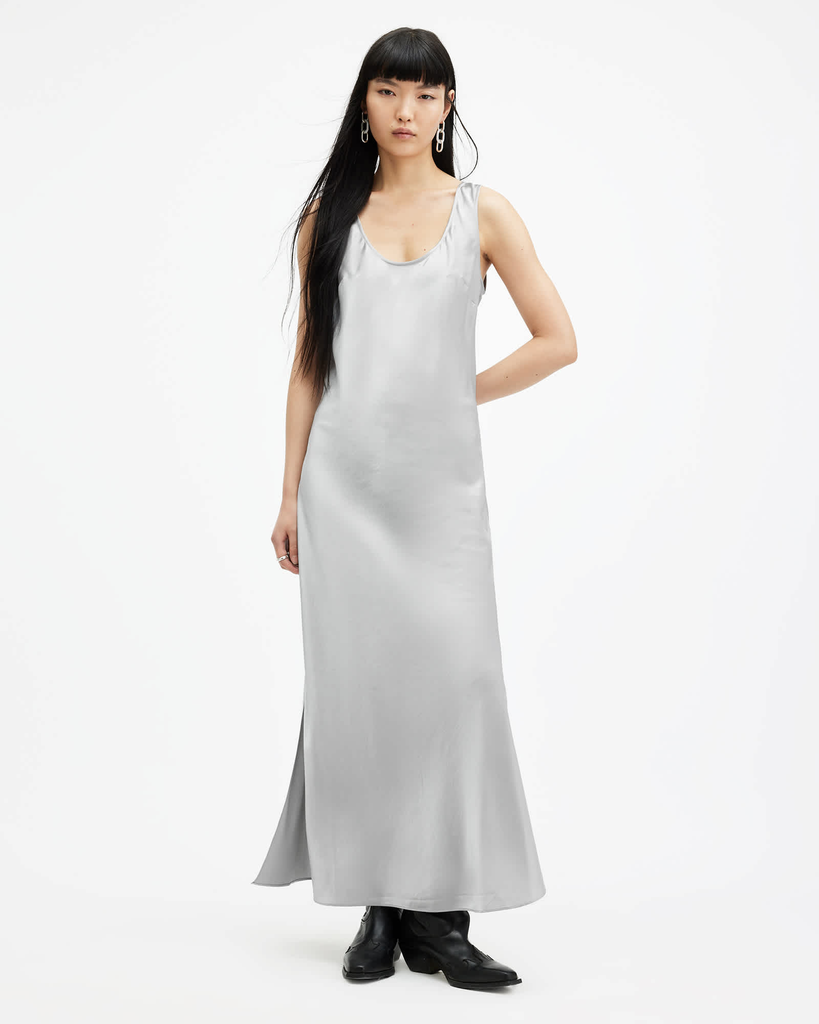 All Saints Lisa Scoop Neck Maxi Slip Dress Dark Silver
