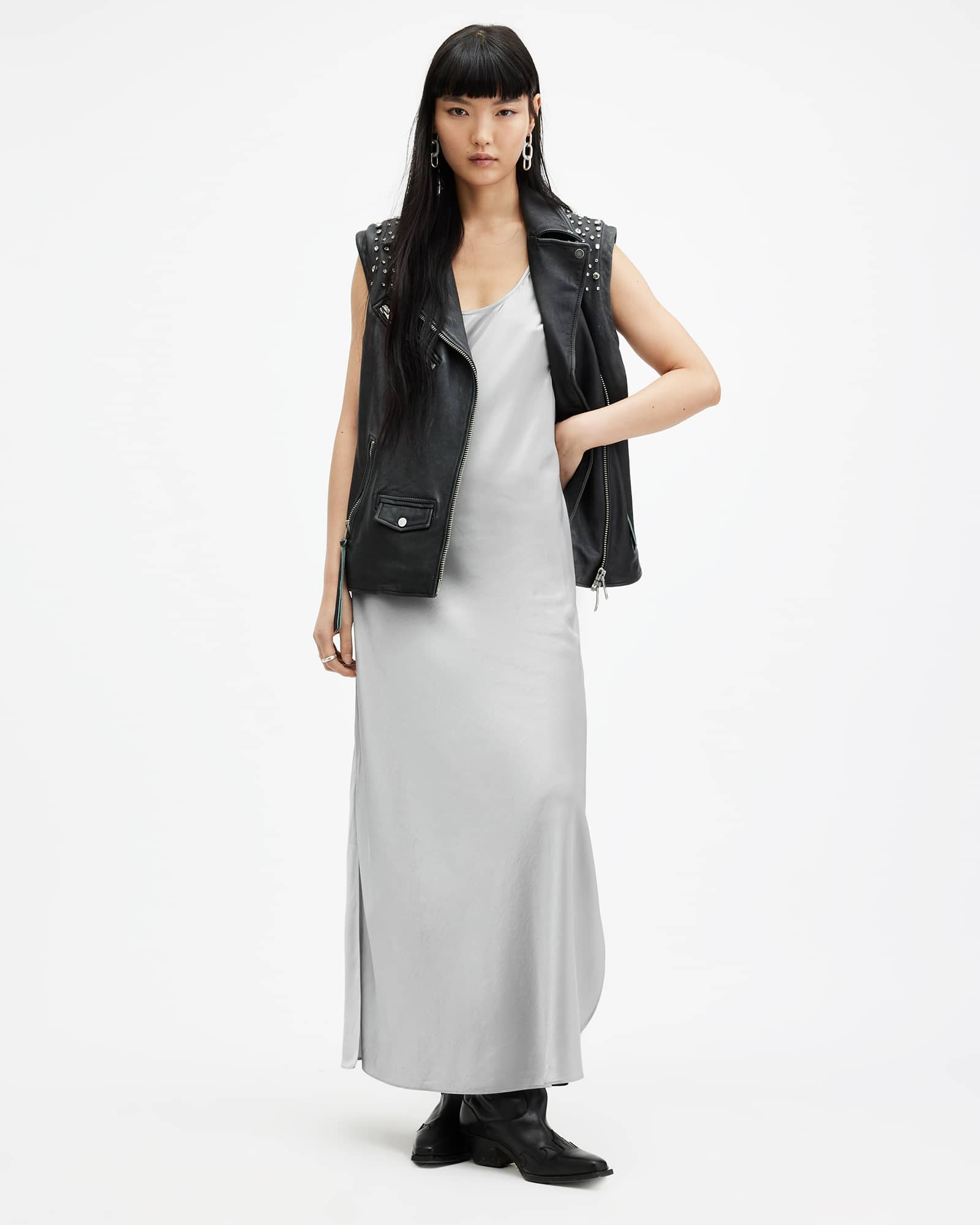 All Saints Lisa Scoop Neck Maxi Slip Dress Dark Silver