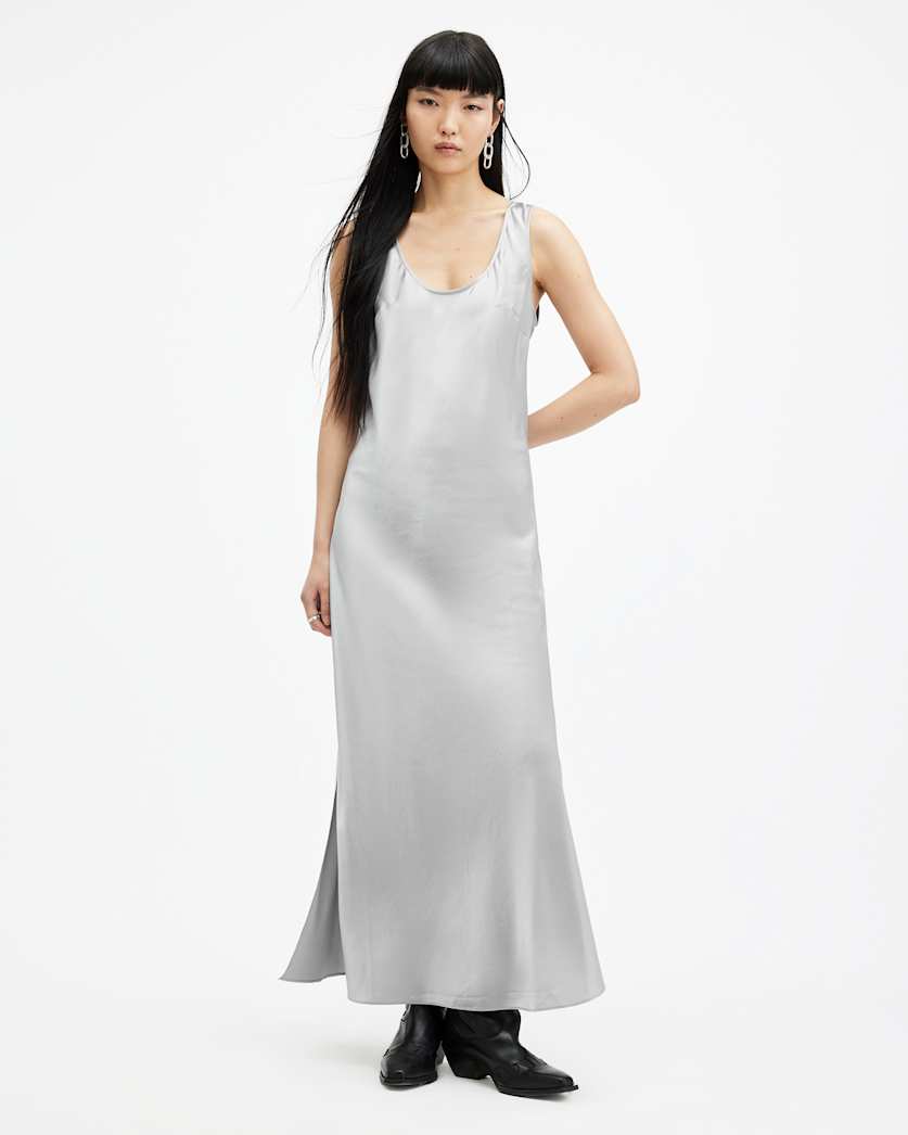 all saints Lisa Scoop Neck Maxi Slip Dress Dark Silver