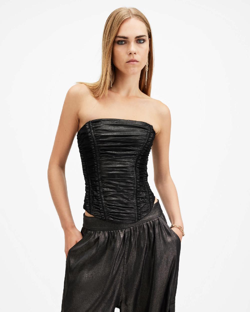 All Saints Livvy Metallic Bodycon Corset Metallic Black