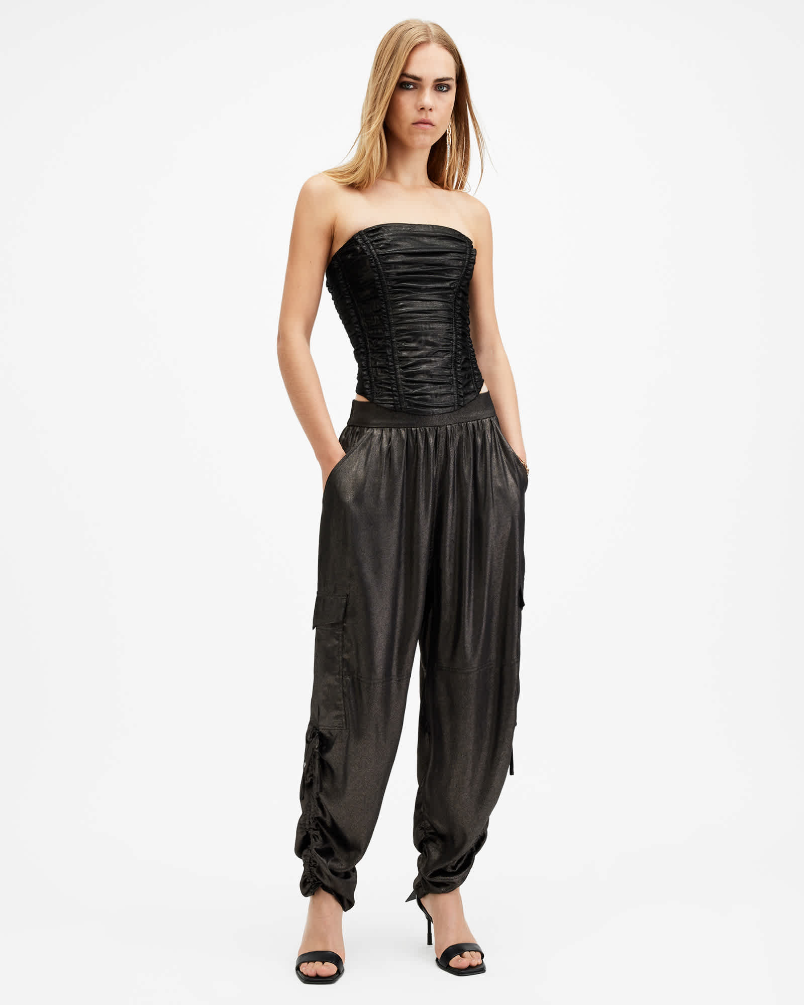 All Saints Livvy Metallic Bodycon Corset Metallic Black