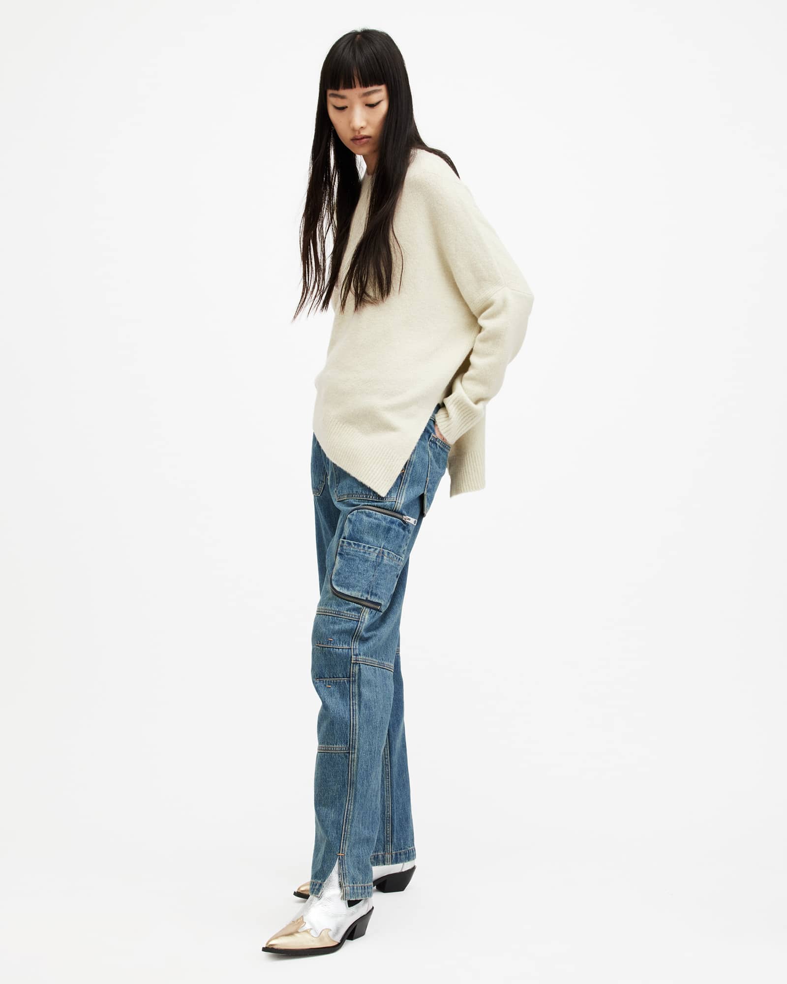 All Saints Lock Crew Neck Asymmetric Sweater Muted Green