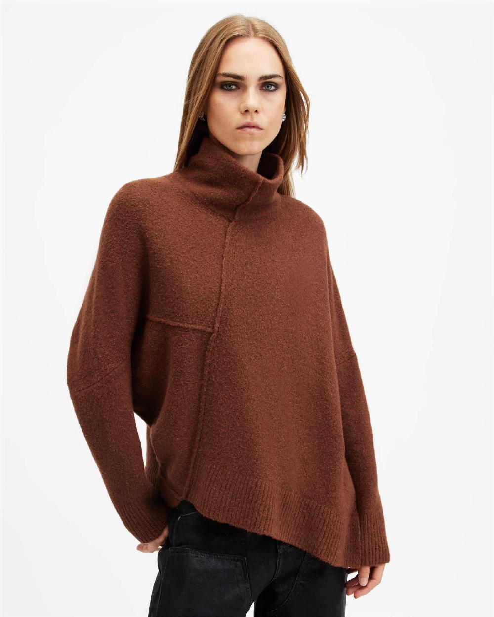 All Saints Lock Roll Neck Relaxed Fit Sweater Copper Brown