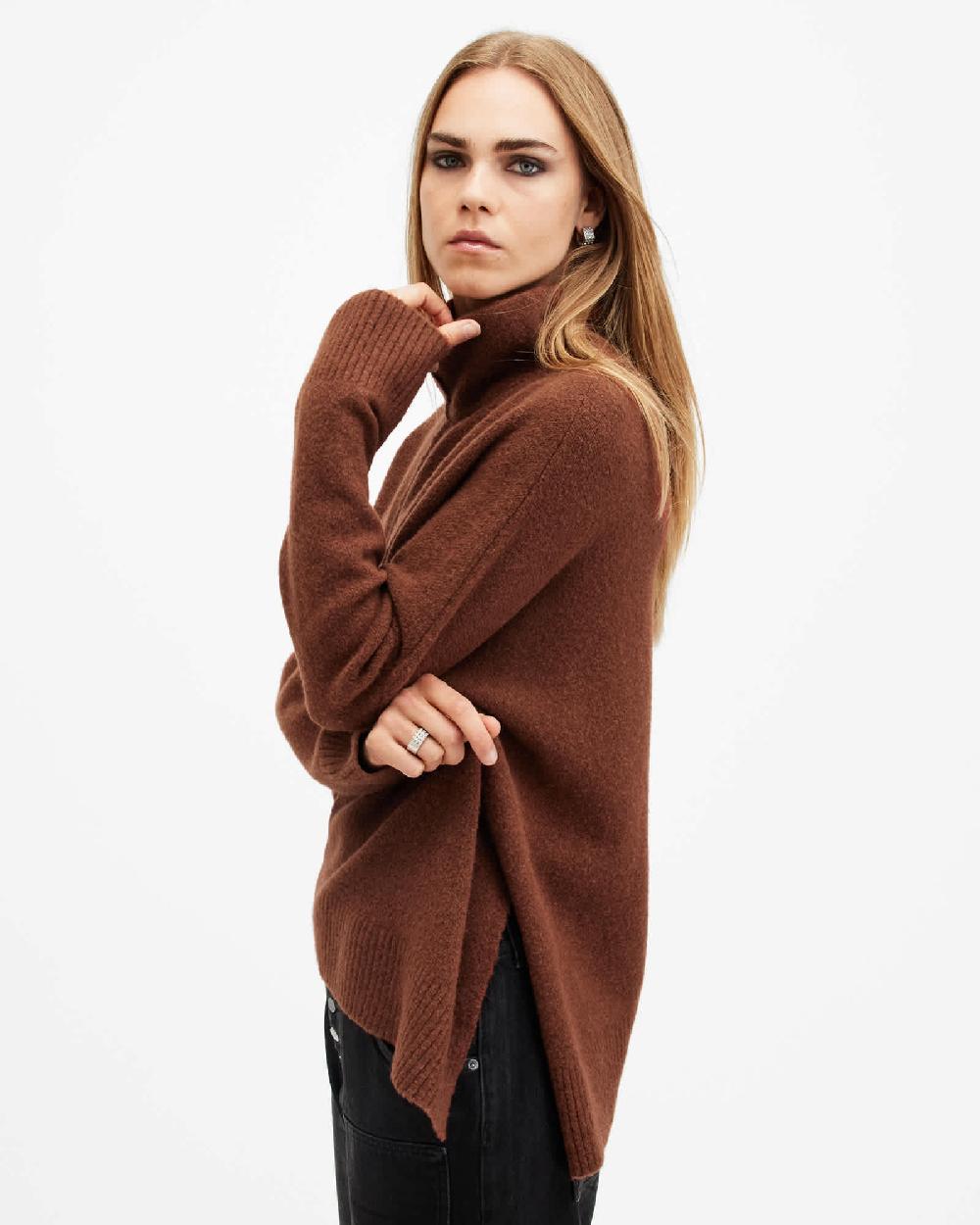 All Saints Lock Roll Neck Relaxed Fit Sweater Copper Brown