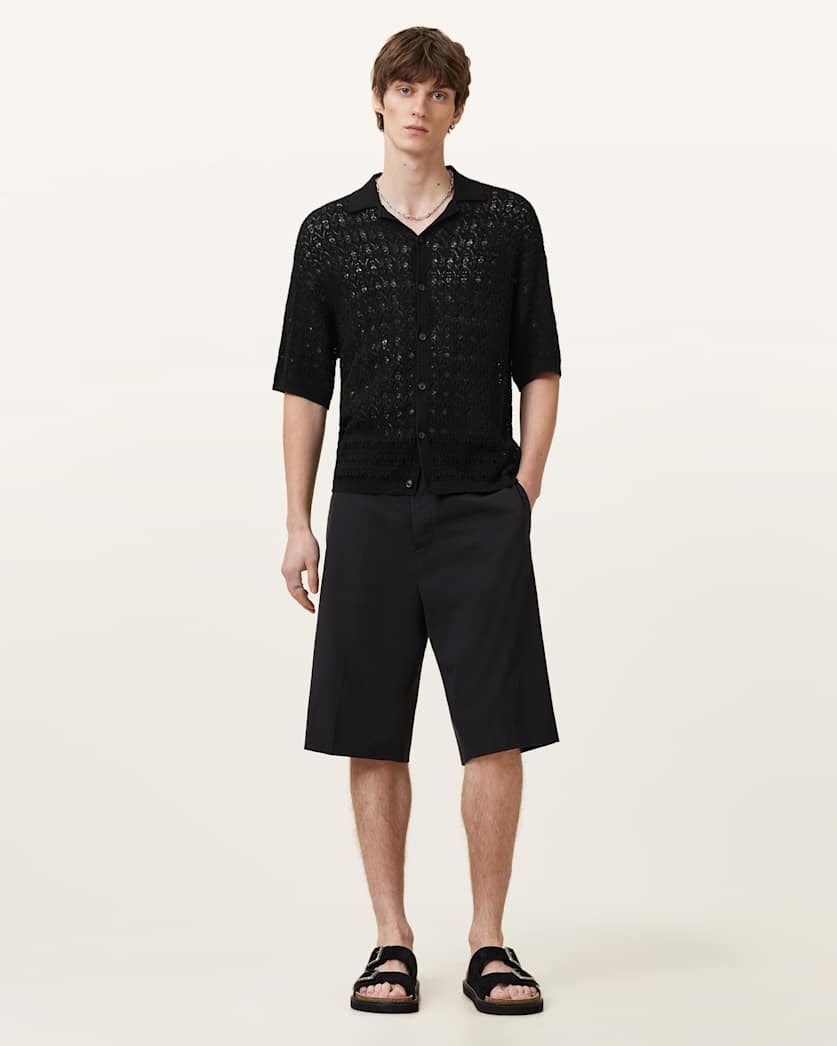 all saints Loire Short Sleeve Open Knit Cardigan Black