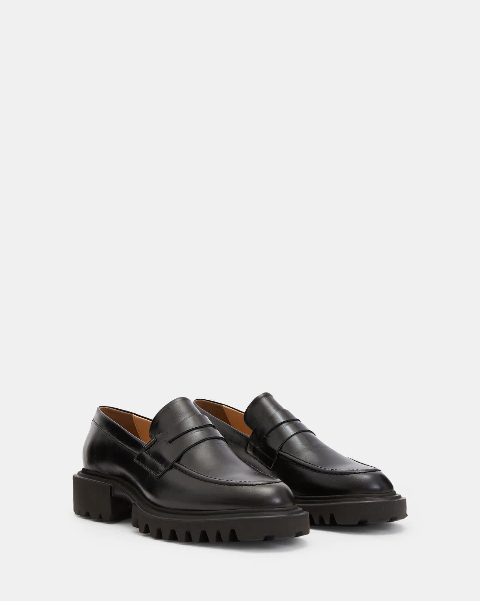 All Saints Lola Slip On Shiny Leather Loafers Black