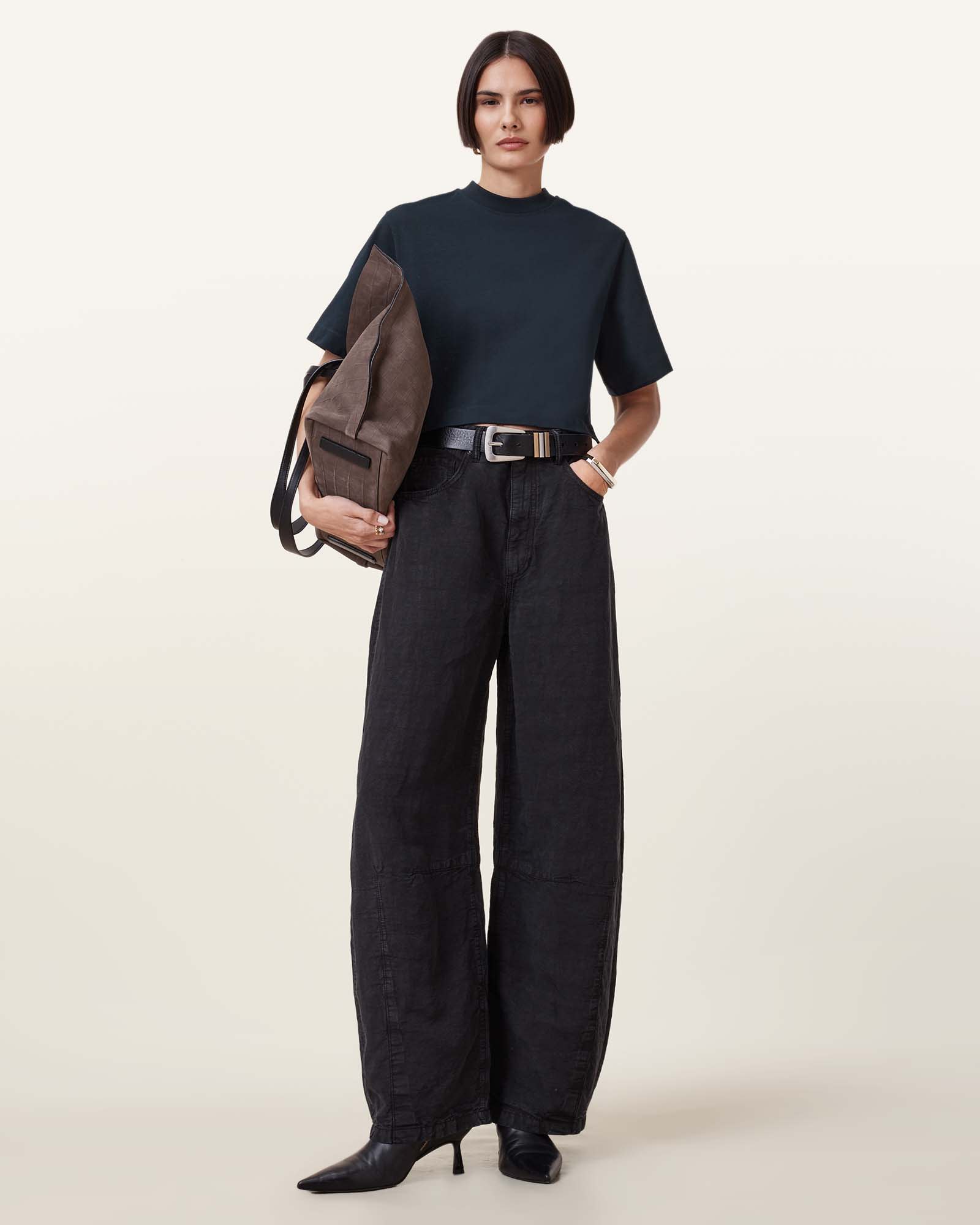 All Saints Lottie Crew Neck Cropped T-Shirt Black/Oyster Blue