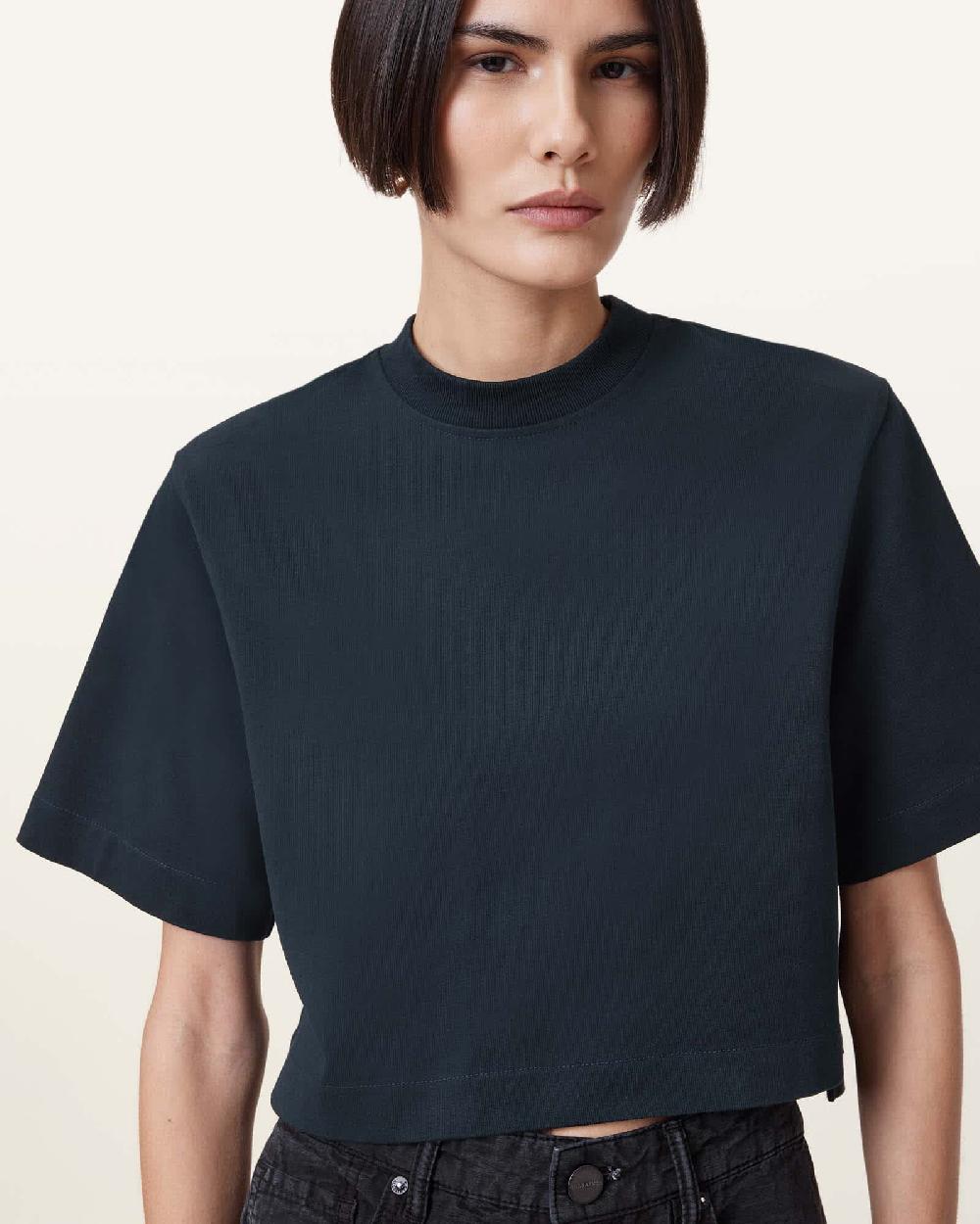 All Saints Lottie Crew Neck Cropped T-Shirt Black/Oyster Blue