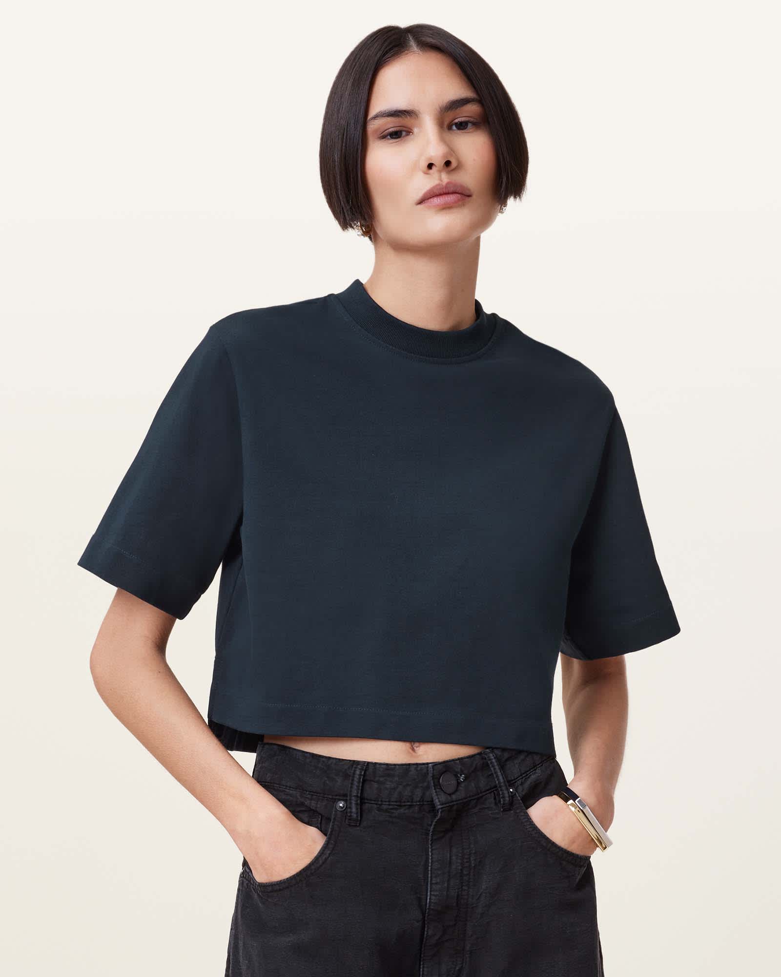 All Saints Lottie Crew Neck Cropped T-Shirt Black/Oyster Blue