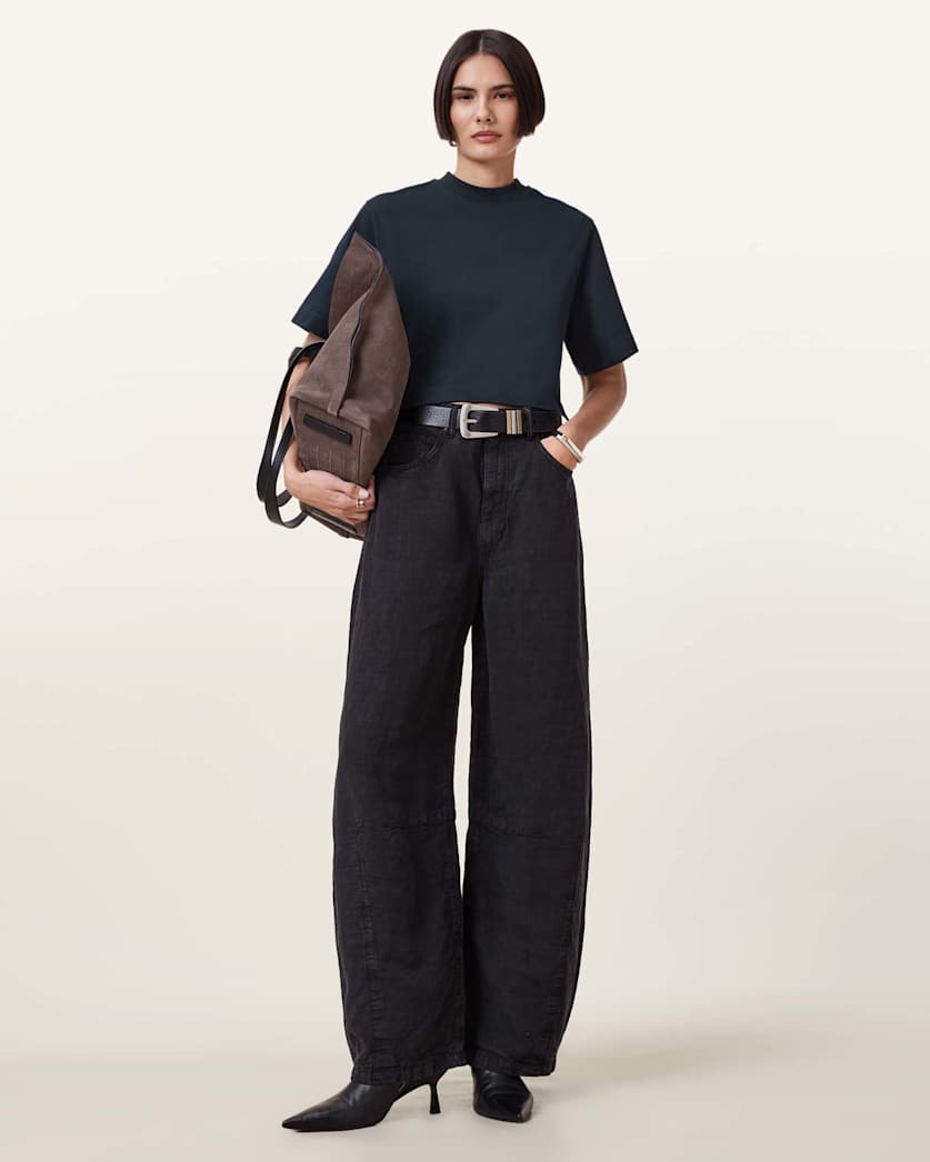 all saints Lottie Crew Neck Cropped T-Shirt Black/Oyster Blue