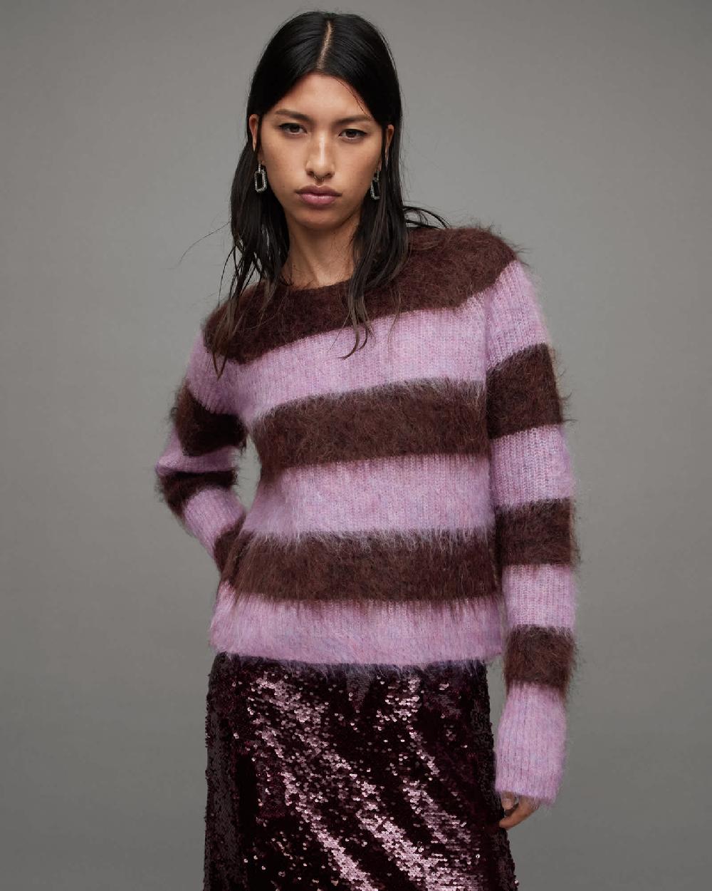 All Saints Lou Brushed Striped Sweater RAISIN RED/LILAC