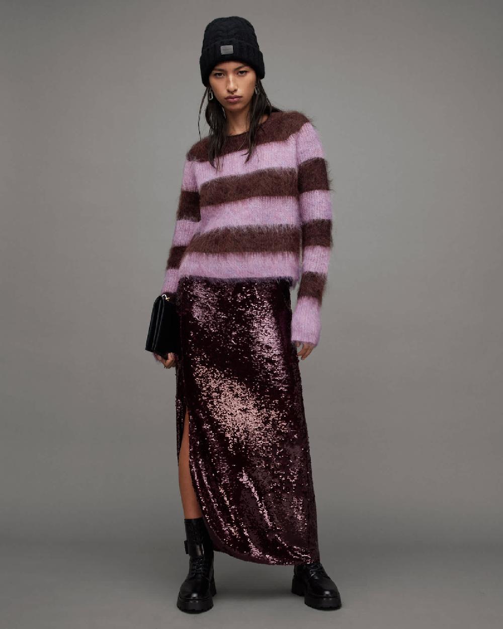 All Saints Lou Brushed Striped Sweater RAISIN RED/LILAC