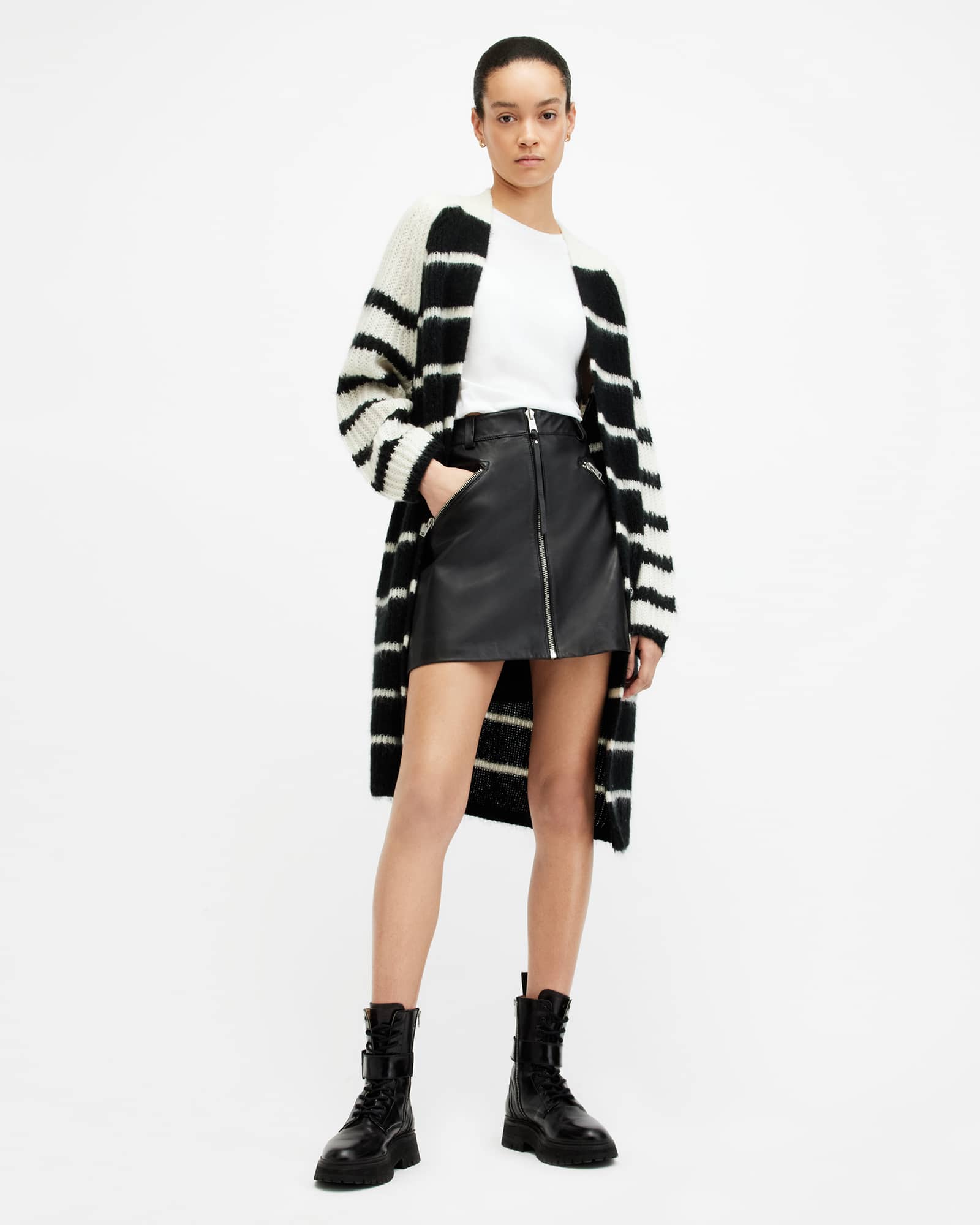 All Saints Lou Striped Relaxed Fit Cardigan Black/White