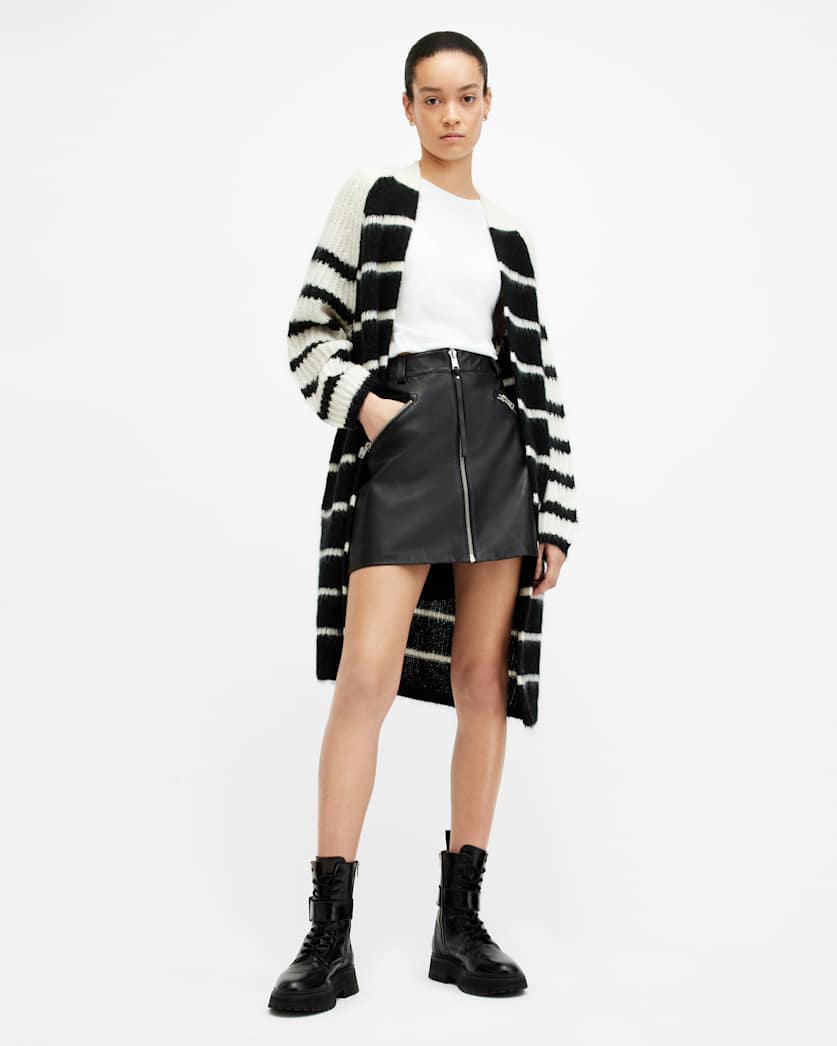 all saints Lou Striped Relaxed Fit Cardigan Black/White