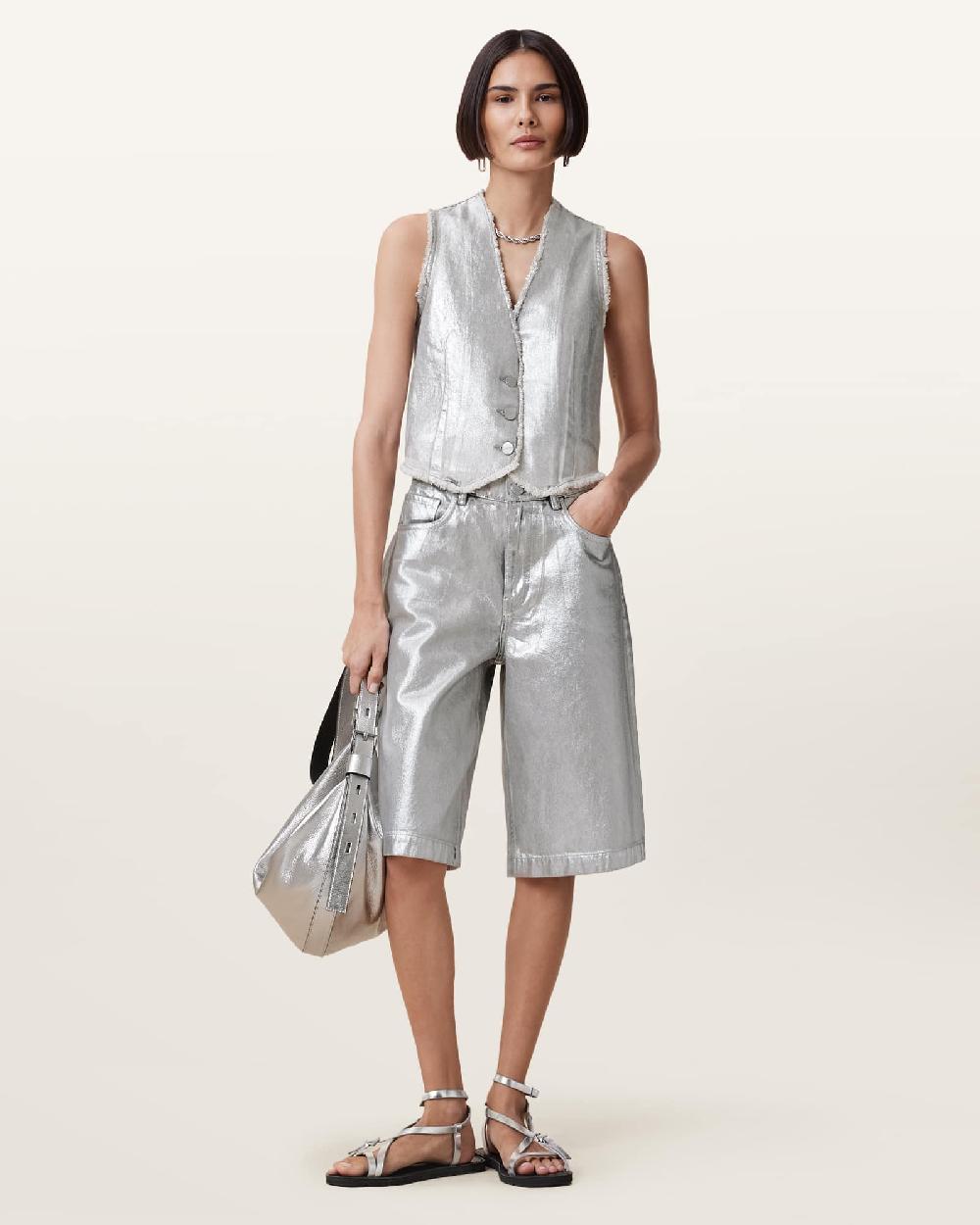 All Saints Louie Metallic Long Denim Shorts Metallic Silver