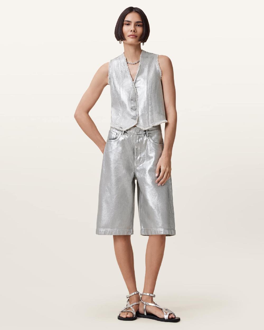 All Saints Louie Metallic Long Denim Shorts Metallic Silver