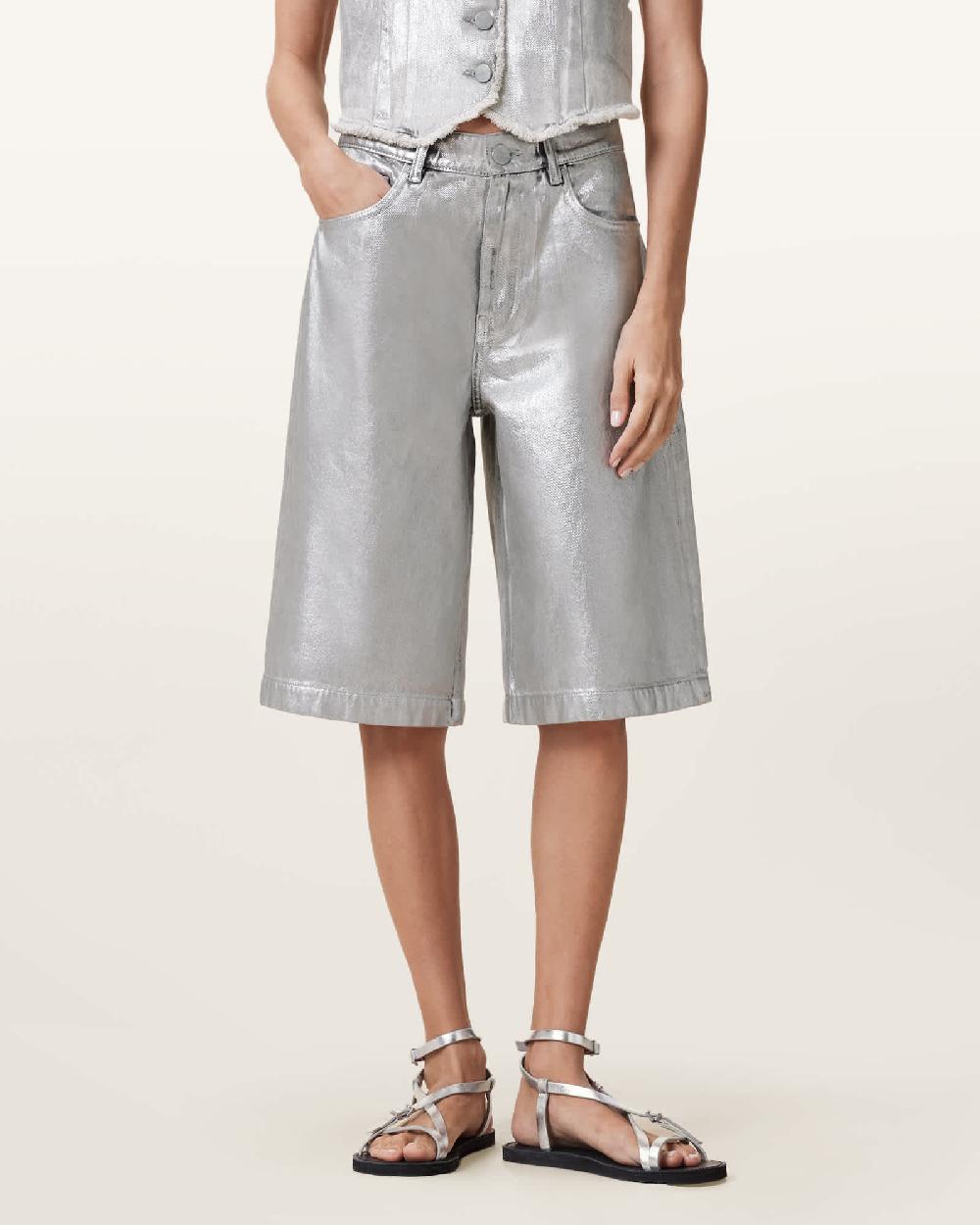 All Saints Louie Metallic Long Denim Shorts Metallic Silver