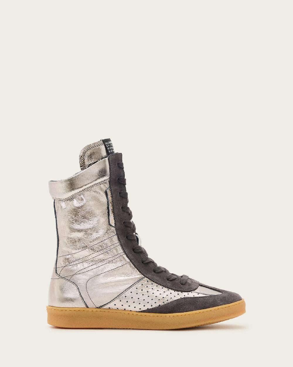 All Saints Lousie Leather High Top Sneakers Gunmetal Grey