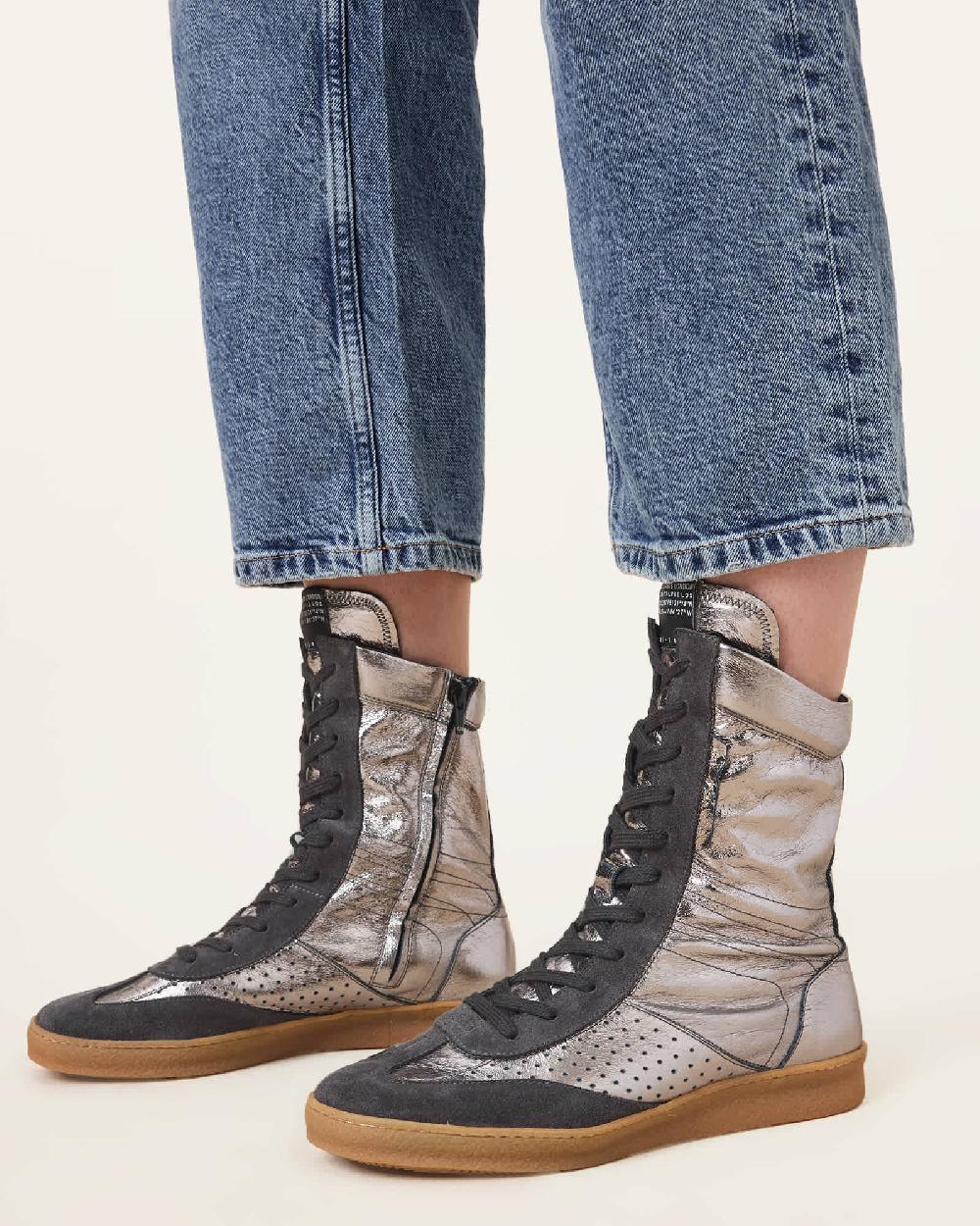 All Saints Lousie Leather High Top Sneakers Gunmetal Grey