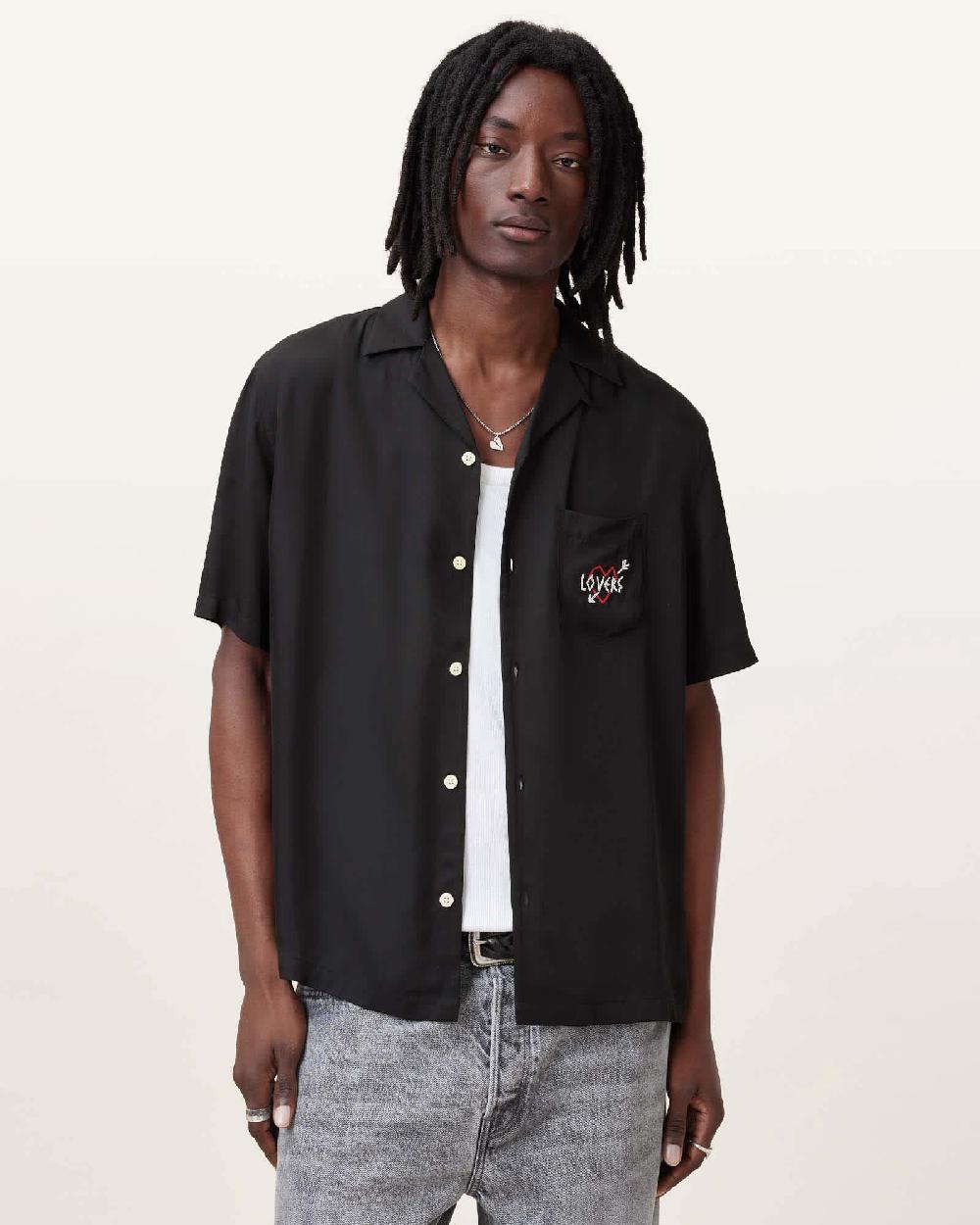 All Saints Lovers Embroidered Relaxed Fit Shirt Jet Black