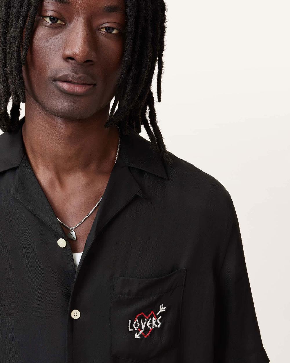 All Saints Lovers Embroidered Relaxed Fit Shirt Jet Black