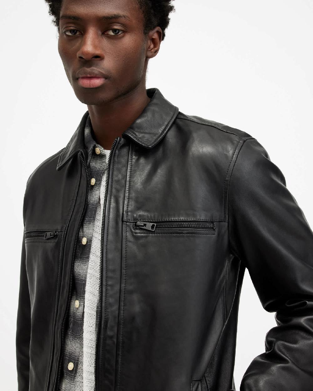 All Saints Luck Slim Front Zip Up Leather Jacket Black